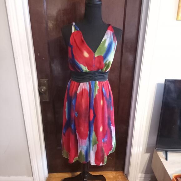The Limited Empire Waist Dress Watercolor Tie Dye Red Poppy Floral Chiffon Sz 4 - Picture 10 of 11
